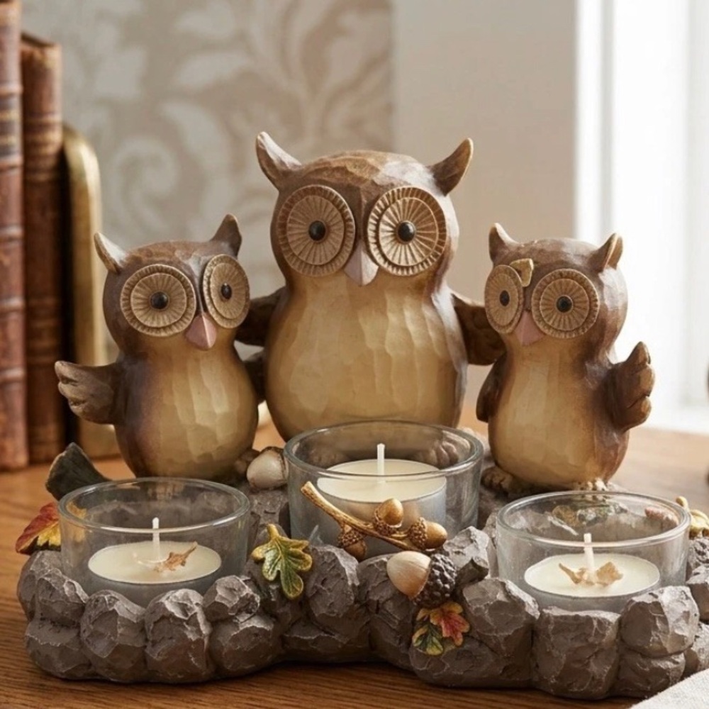 Yankee Candle Brown Owl Tealight Holder Trio with Acorn Accents, Woodland